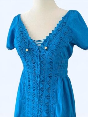 Blue Embroidered Babydoll Dress Fairycore Cottagecore Peasant Dress S